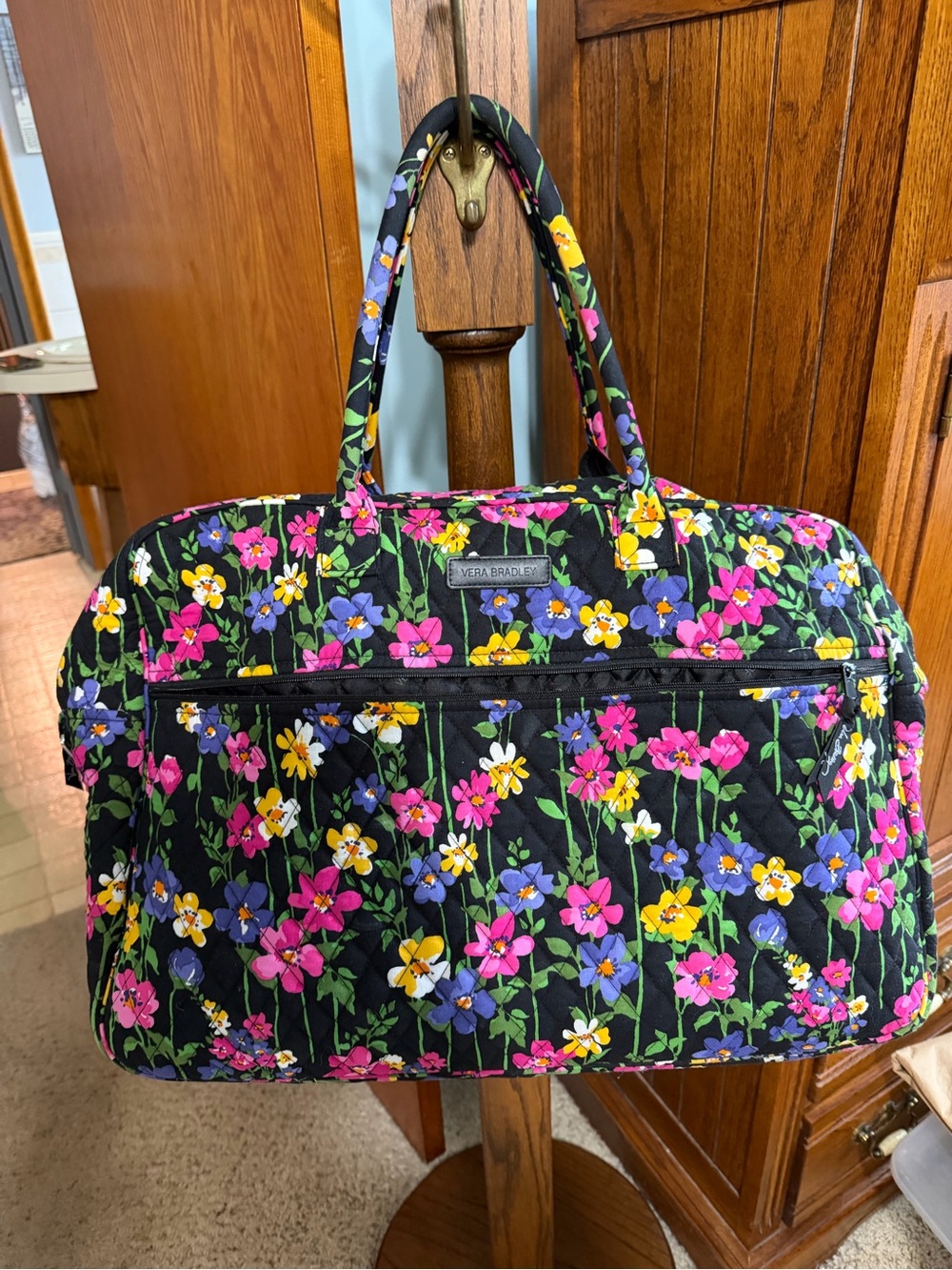 Vera Bradley Black Quilted Floral Travel Bag with Pink, Purple & Yellow Blooms